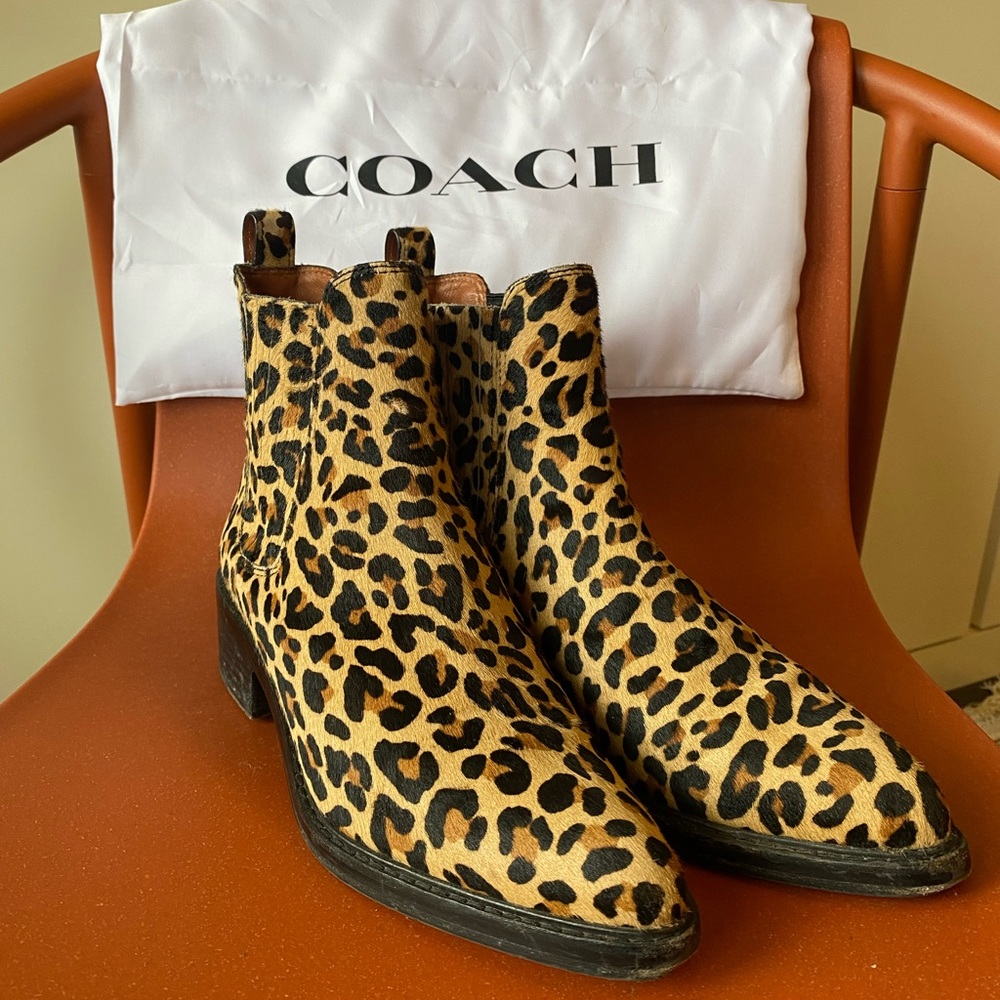 Coach Leopard print Bowery calf hair block heel booties